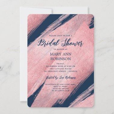 Elegant Script Rose Gold Brush Bridal Shower Navy Invitations