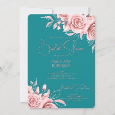 Elegant Script Rose Gold Floral Bridal Shower Teal Invitations