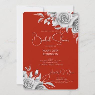 Elegant Script Silver Floral Bridal Shower Red Invitations