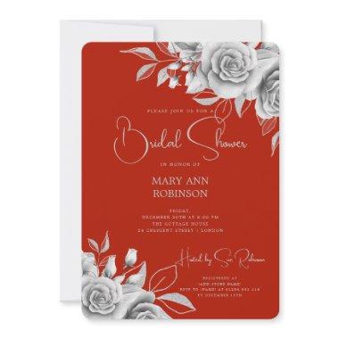 Elegant Script Silver Floral Bridal Shower Red Invitations