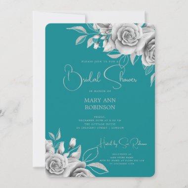Elegant Script Silver Floral Bridal Shower Teal Invitations