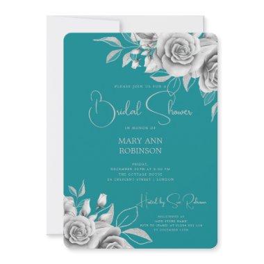 Elegant Script Silver Floral Bridal Shower Teal Invitations