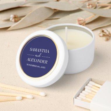Elegant script wedding blue dark plain minimalist mini candle favors