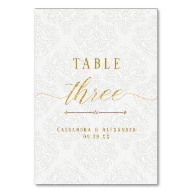 Elegant Script White Lace Gold 3 Three Wedding Table Number