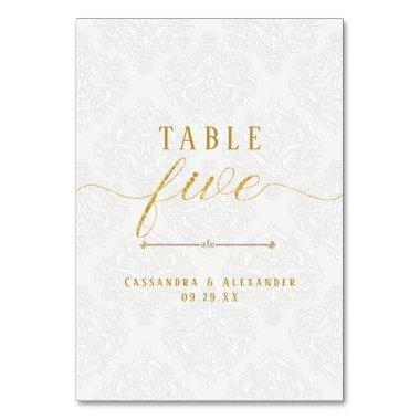 Elegant Script White Lace Gold 5 Five Wedding Table Number