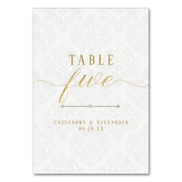 Elegant Script White Lace Gold 5 Five Wedding Table Number