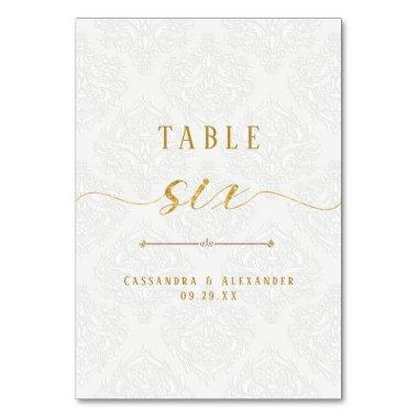 Elegant Script White Lace Gold 6 Six Wedding Table Number