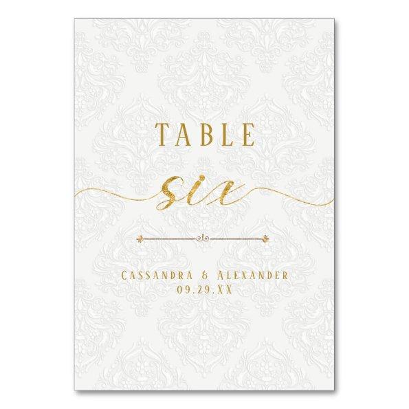 Elegant Script White Lace Gold 6 Six Wedding Table Number