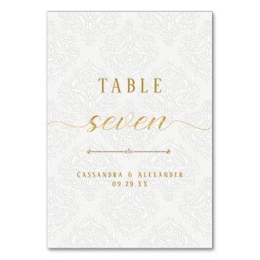 Elegant Script White Lace Gold 7 Seven Wedding Table Number