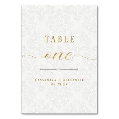 Elegant Script White Lace Gold Glitter Wedding 1 Table Number