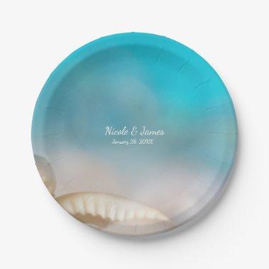 Elegant Sea Shells Blue Tropical Beach Wedding Paper Plates