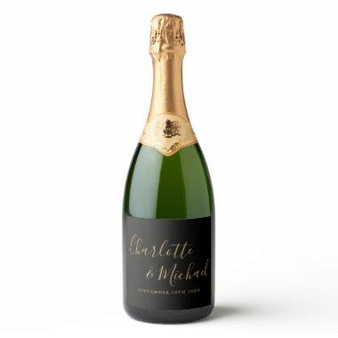 Elegant Signature Script Black And Gold Wedding Sparkling Wine Label