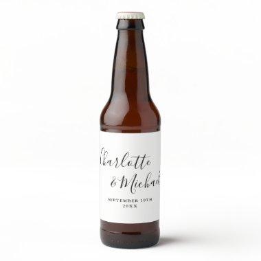 Elegant Signature Script Black And White Wedding Beer Bottle Label