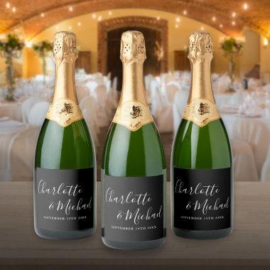 Elegant Signature Script Black And White Wedding Sparkling Wine Label