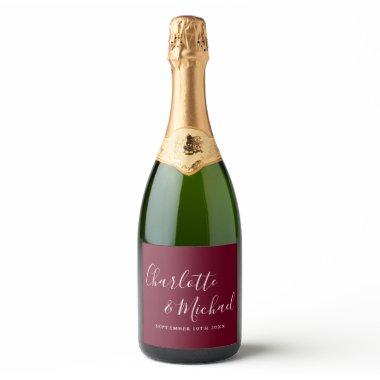 Elegant Signature Script Burgundy Wedding Sparkling Wine Label