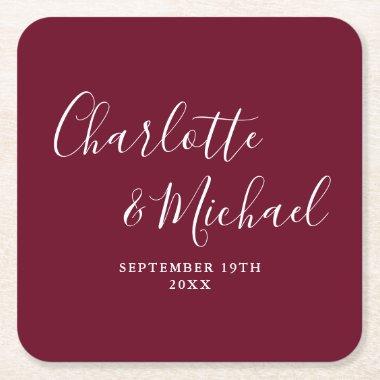 Elegant Signature Script Burgundy Wedding Square Paper Coaster