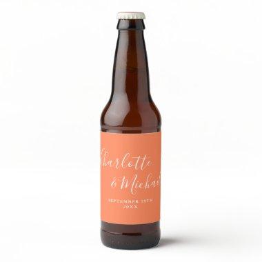 Elegant Signature Script Coral Wedding Beer Bottle Label