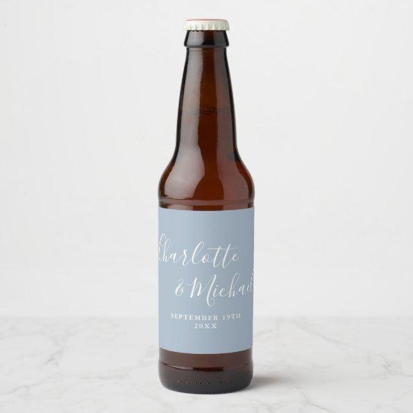 Elegant Signature Script Dusty Blue Wedding Beer Bottle Label
