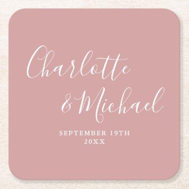 Elegant Signature Script Dusty Rose Wedding Square Paper Coaster