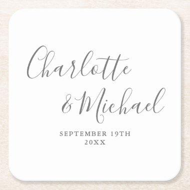 Elegant Signature Script Gray And White Wedding Square Paper Coaster