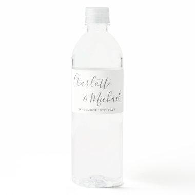 Elegant Signature Script Gray And White Wedding Water Bottle Label