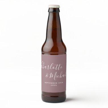 Elegant Signature Script Mauve Wedding Beer Bottle Label