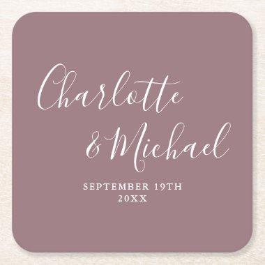 Elegant Signature Script Mauve Wedding Square Paper Coaster