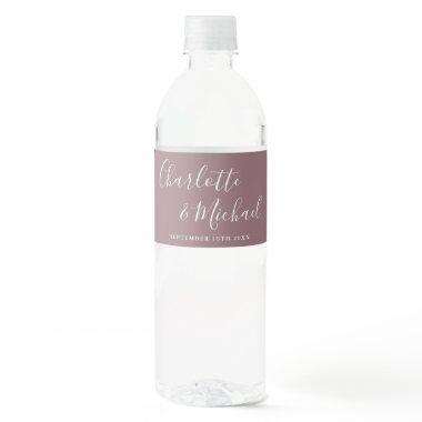 Elegant Signature Script Mauve Wedding Water Bottle Label