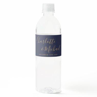 Elegant Signature Script Navy Blue Gold Wedding Water Bottle Label