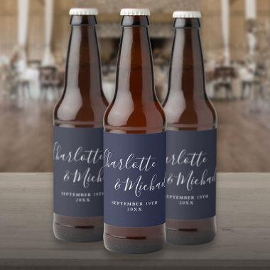 Elegant Signature Script Navy Blue Wedding Beer Bottle Label