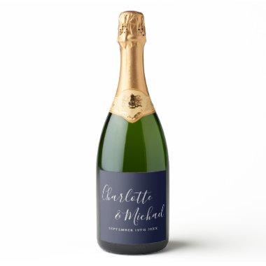 Elegant Signature Script Navy Blue Wedding Sparkling Wine Label