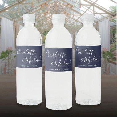Elegant Signature Script Navy Blue Wedding Water Bottle Label