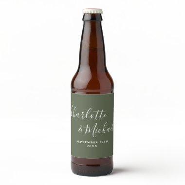 Elegant Signature Script Olive Green Wedding Beer Bottle Label