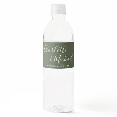 Elegant Signature Script Olive Green Wedding Water Bottle Label