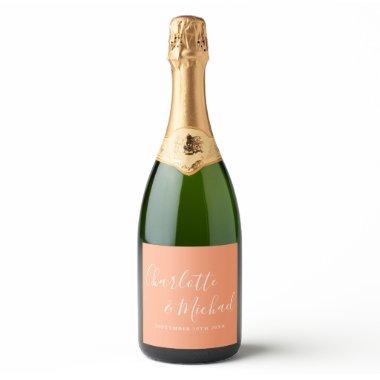 Elegant Signature Script Peach Wedding Sparkling Wine Label