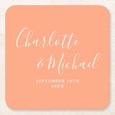 Elegant Signature Script Peach Wedding Square Paper Coaster