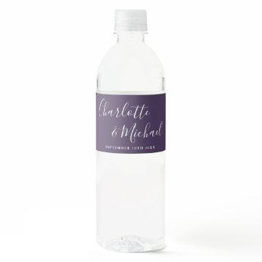 Elegant Signature Script Purple Wedding Water Bottle Label