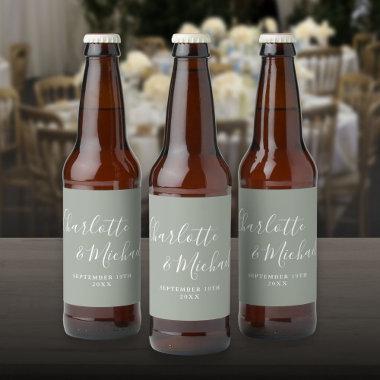 Elegant Signature Script Sage Green Wedding Beer Bottle Label