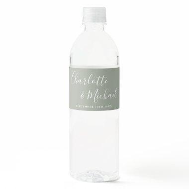 Elegant Signature Script Sage Green Wedding Water Bottle Label