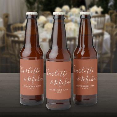 Elegant Signature Script Terracotta Wedding Beer Bottle Label