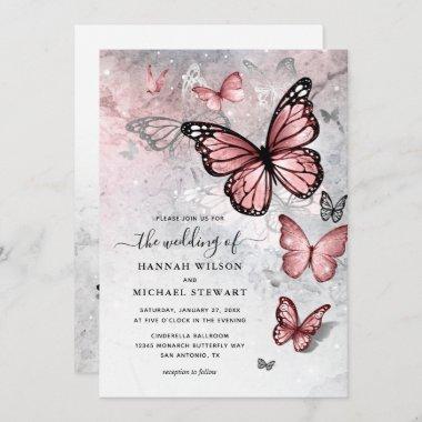 Elegant Silver and Pink Butterfly Wedding Invitations