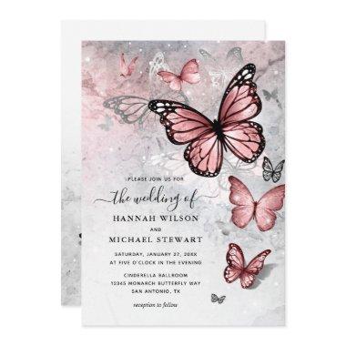 Elegant Silver and Pink Butterfly Wedding Invitations