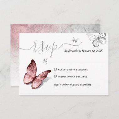 Elegant Silver and Pink Butterfly Wedding RSVP Card