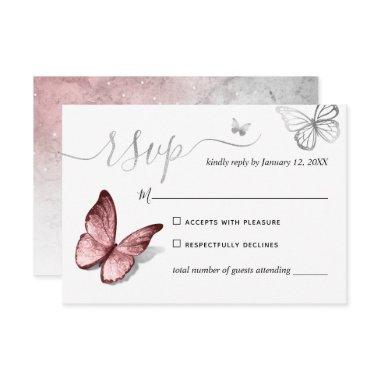 Elegant Silver and Pink Butterfly Wedding RSVP Card