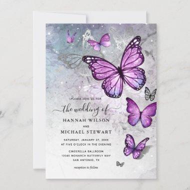 Elegant Silver and Purple Butterfly Wedding Invitations