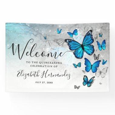 Elegant Silver Blue Butterfly Welcome Party Banner