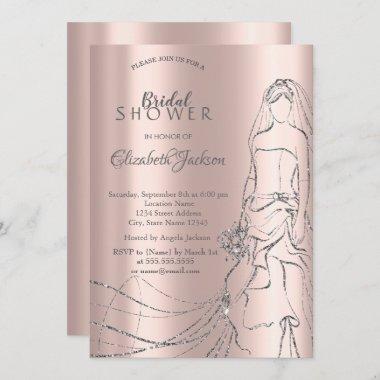 Elegant Silver Bride, Rose Gold Bridal Shower Invi Invitations