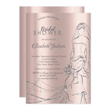 Elegant Silver Bride, Rose Gold Bridal Shower Invi Invitations