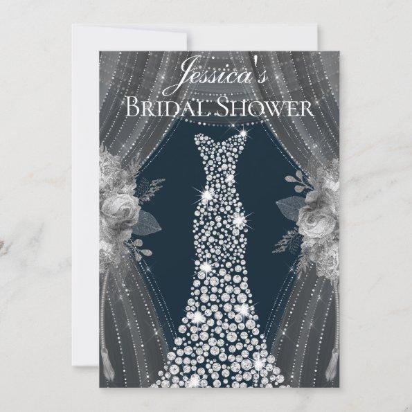 Elegant Silver Curtains Navy Dress Bridal Shower Invitations