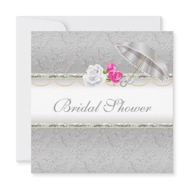 Elegant Silver Damask and Pink Rose
